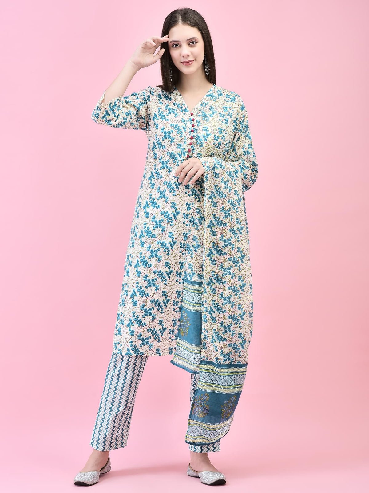 Women Cotton Multicolor Floral Print Kurta Trouser Dupatta