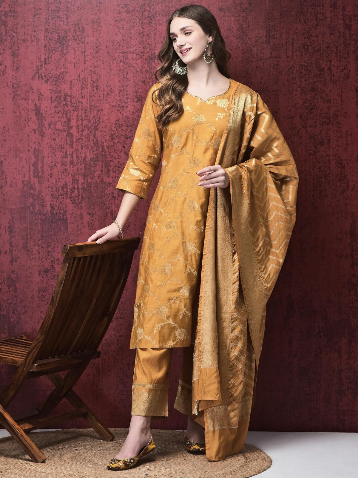 Women Cotton Jacquard Mustard Kurta Comfort Pant Dupatta