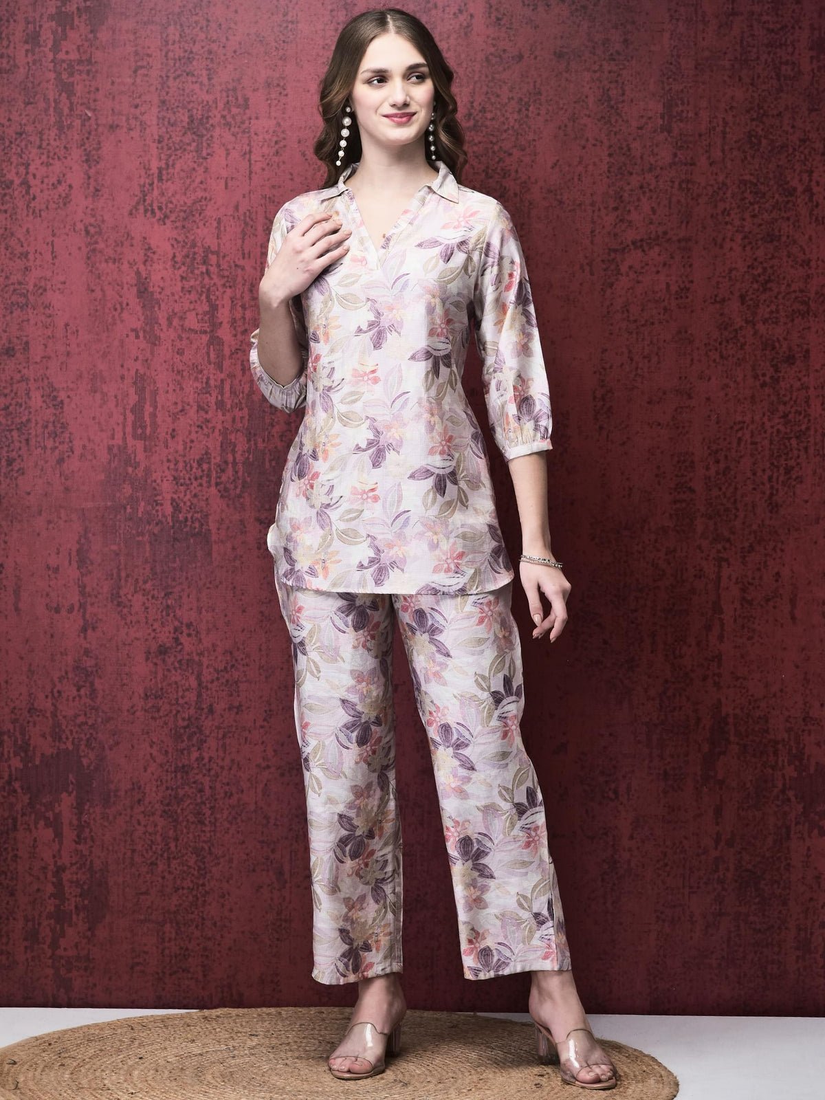 Women Khadi Silk Lilac Multi color Floral Print Co-Ord Set