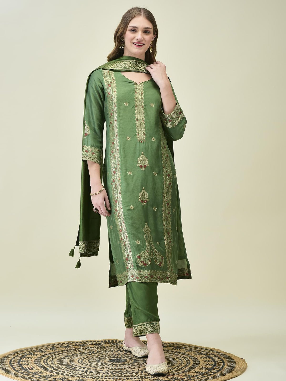 Women Dola Jacquard Olive Woven Kurta Comfort Pant Dupatta