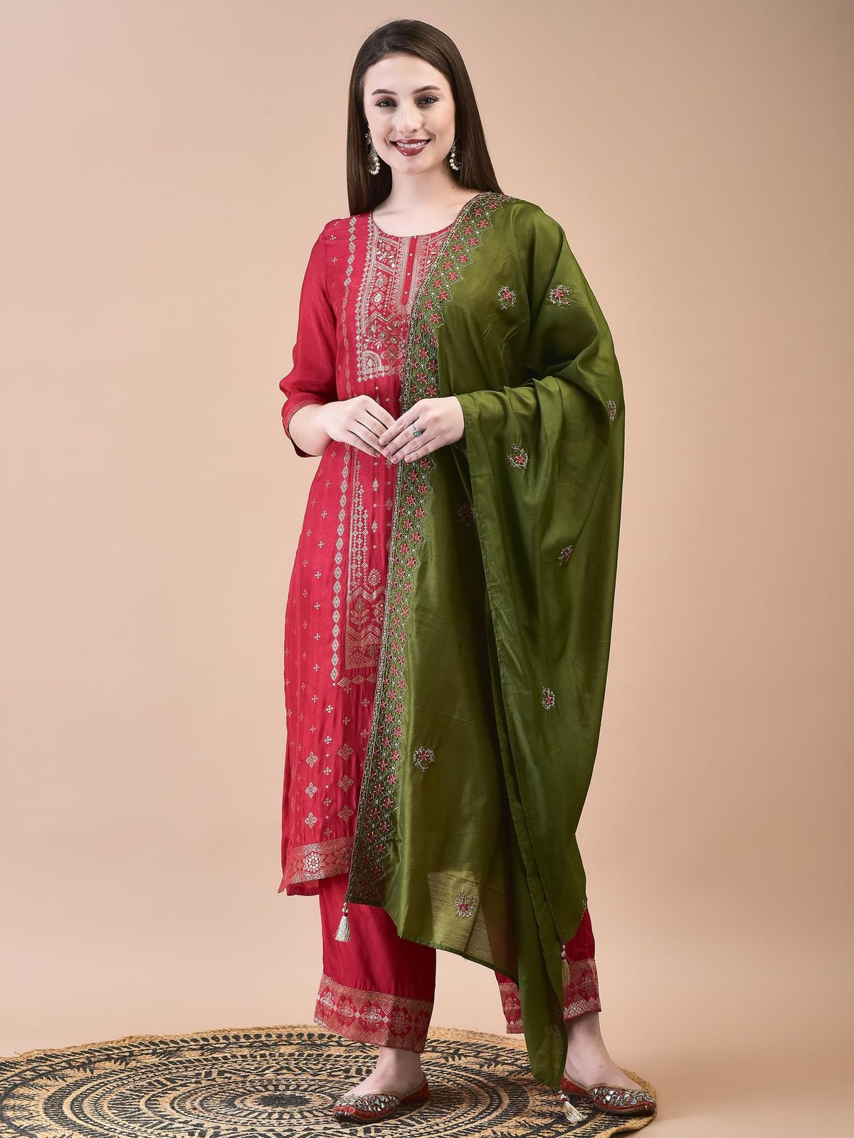 Women Dola Jacquard Fuchsia Woven Kurta Comfort Pant Dupatta