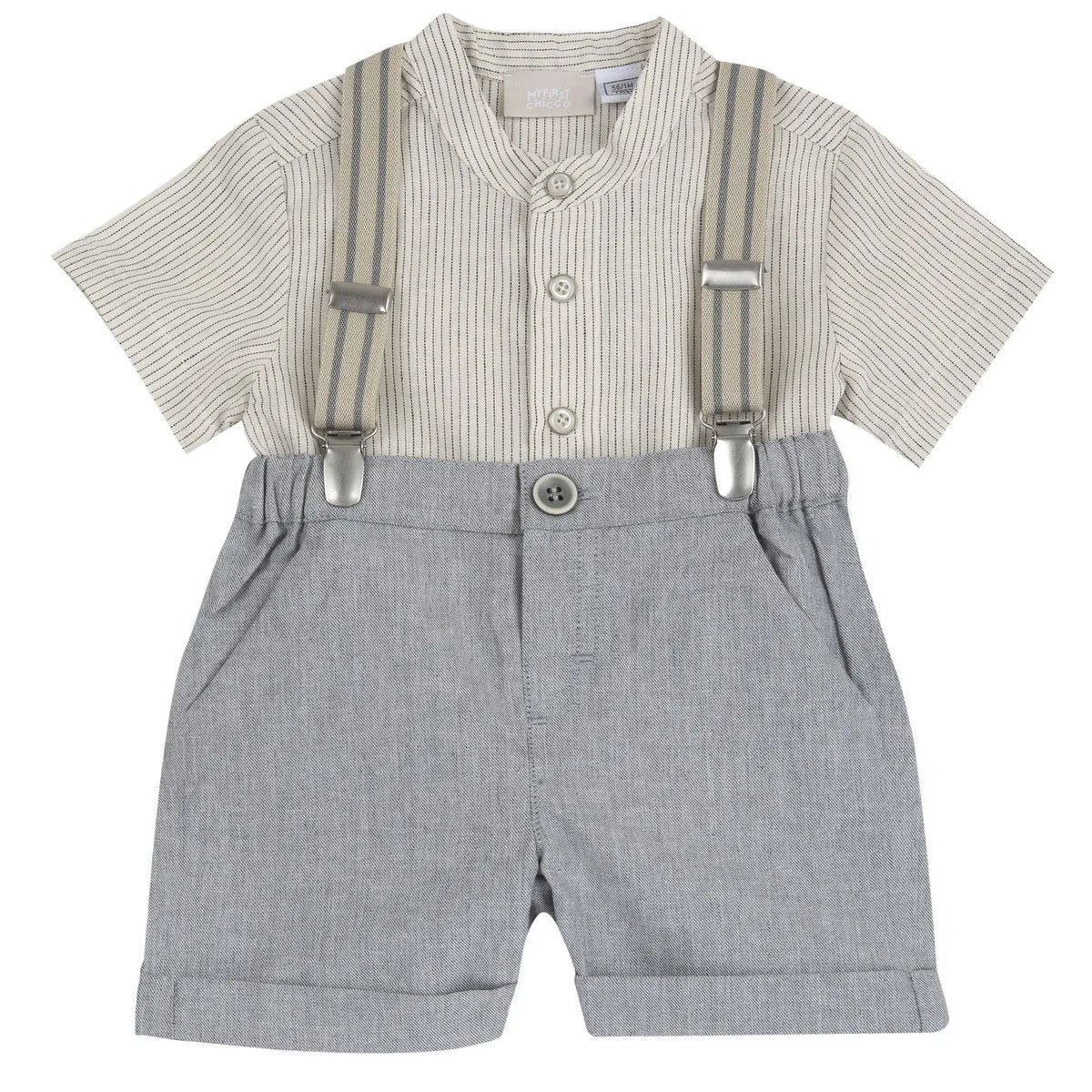 Boys Beige and Grey Striped Shirt with Shorts
