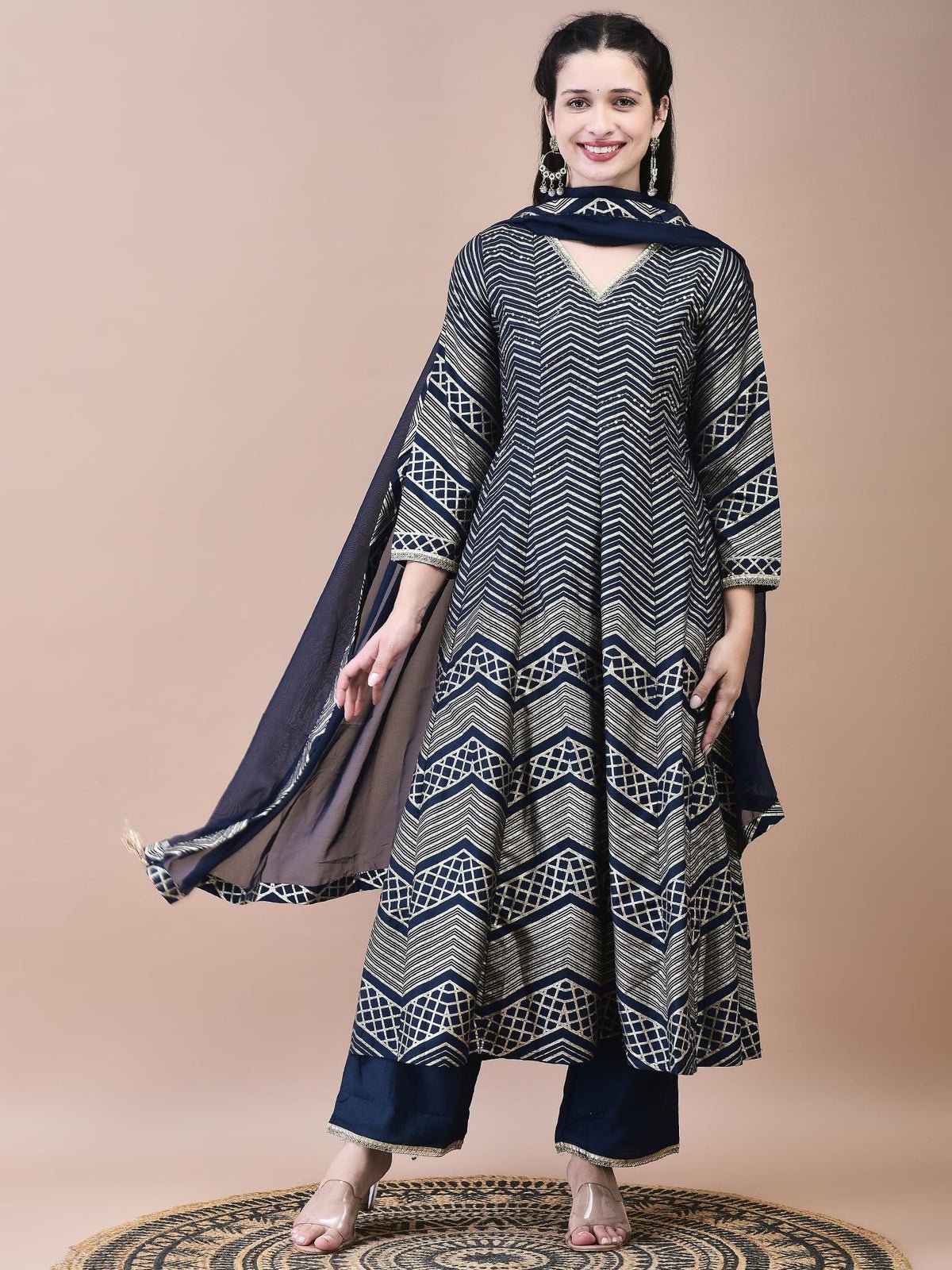 Women Samaira Navy Blue Geometric Print Kurta Comfort Pant Dupatta