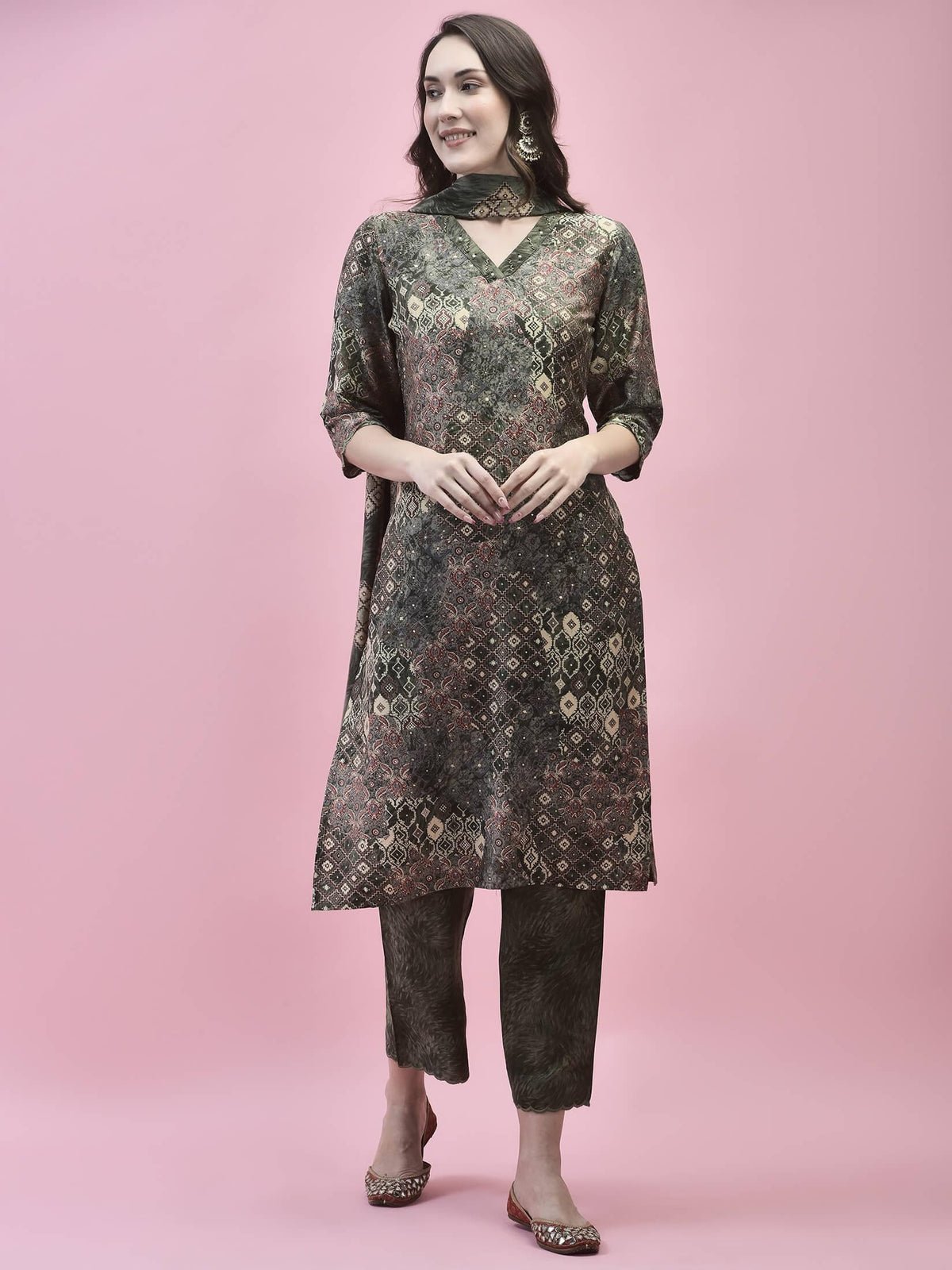 Women Viscose Olive Abstract Print Kurta Comfort Pant Dupatta