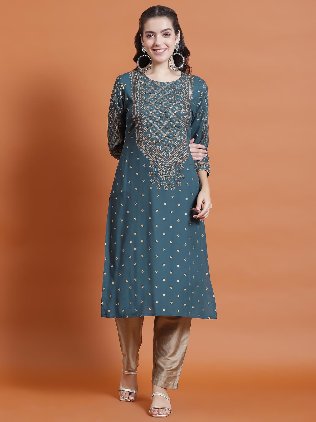 Women Teal Ornamental Print Kurta