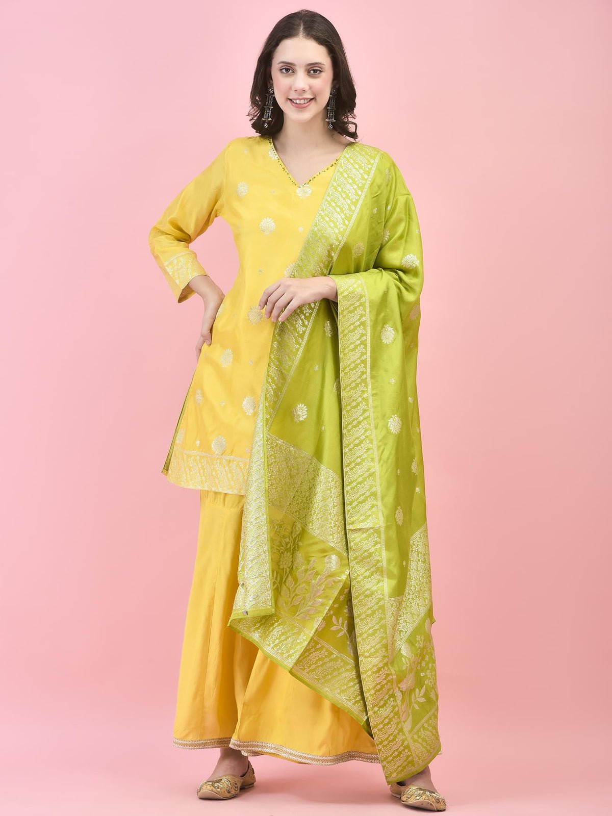Women Dola Jacquard Lemon Yellow Kurta Sharara Dupatta