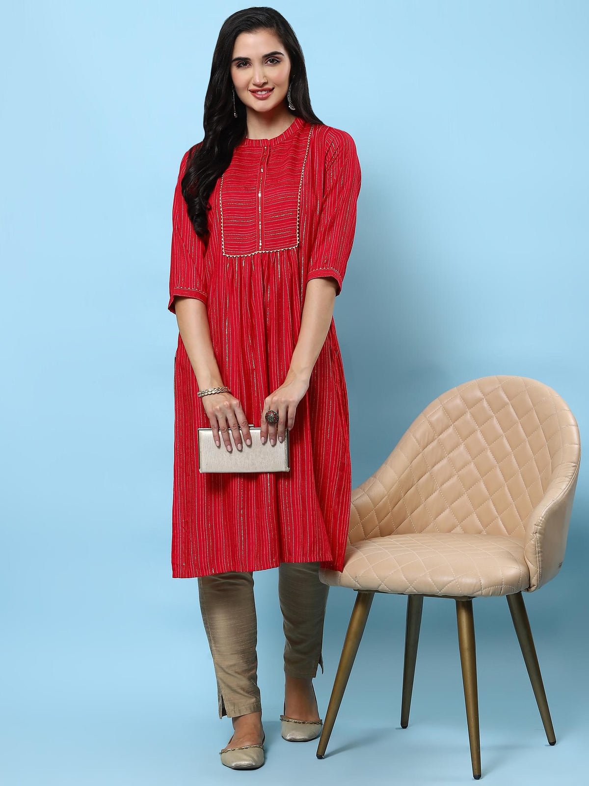 Women Pink Stripe Printed Kurta
