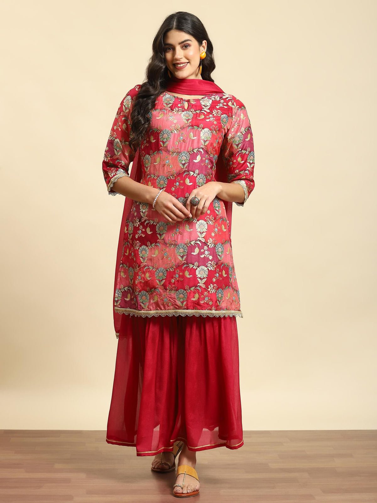Women Magenta Floral Print Kurta Sharara Dupatta