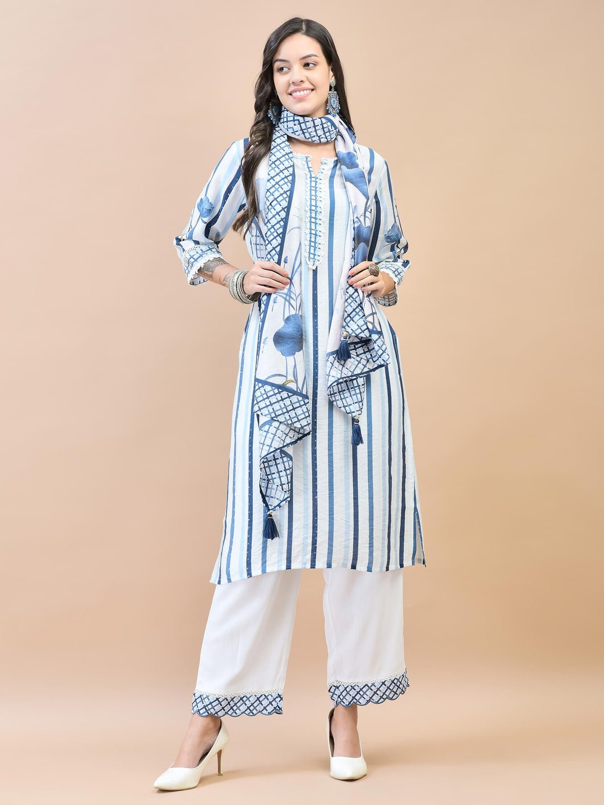 Women Muslin White Stripe Print Kurta Comfort Pant Dupatta
