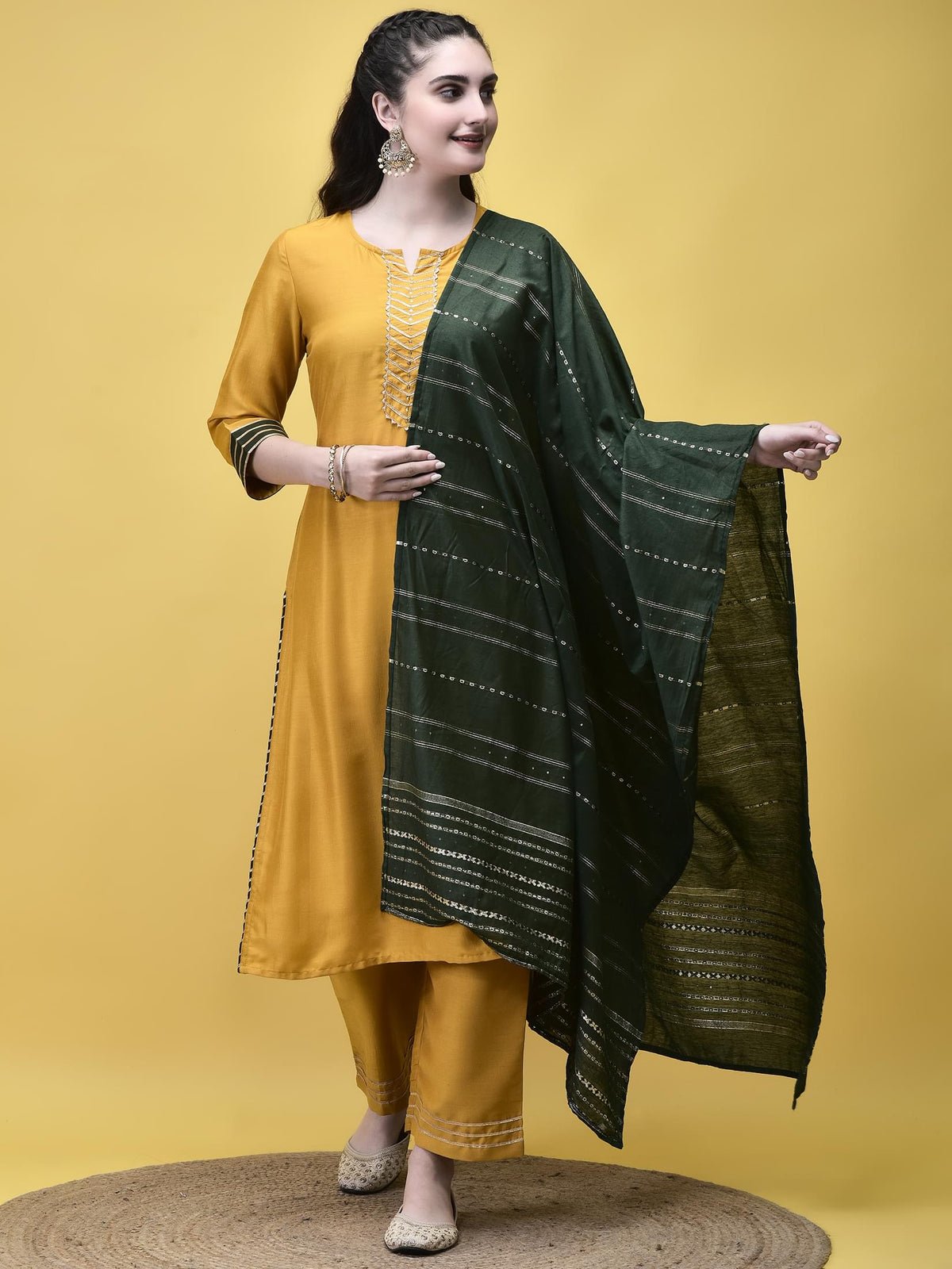 Women Poly Viscose Mustard Solid Kurta Comfort Pant Dupatta