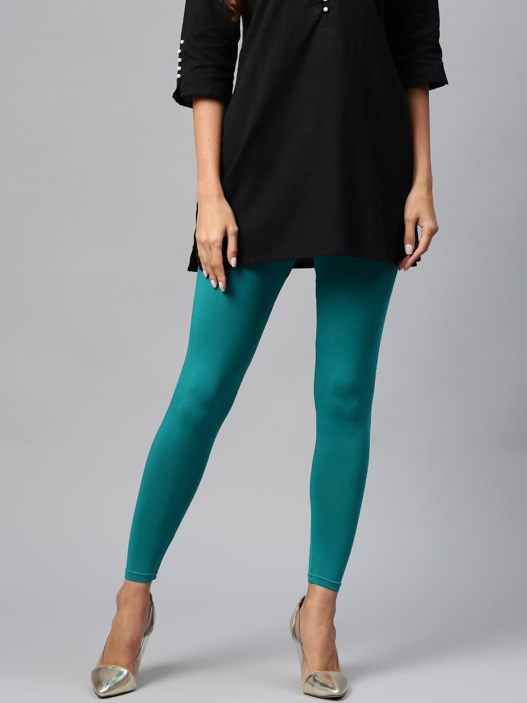 Women Rama Green Cotton Solid Ankle Length Legging