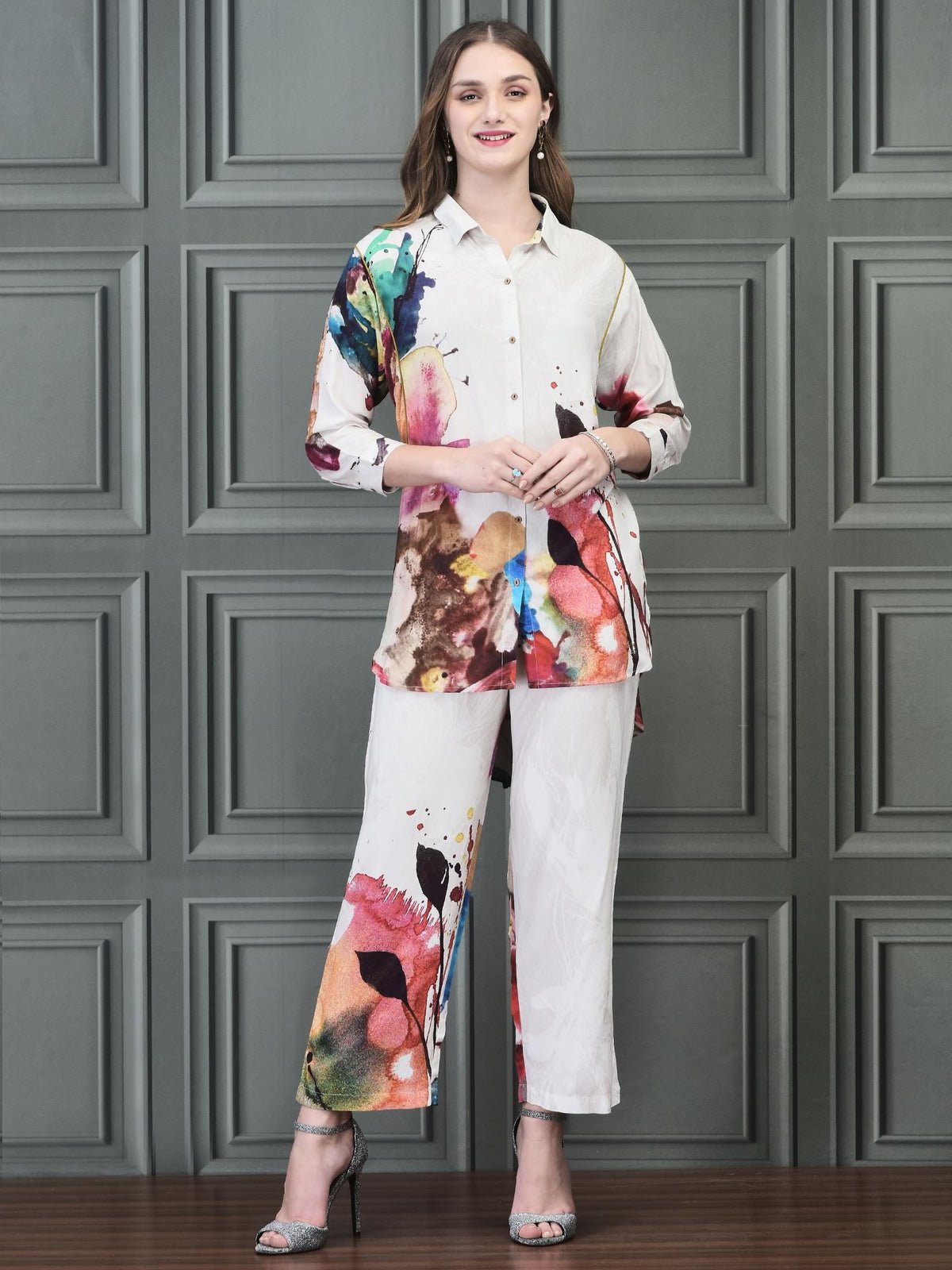 Women Liva (Rayon) Off White Printed Co-Ord Set