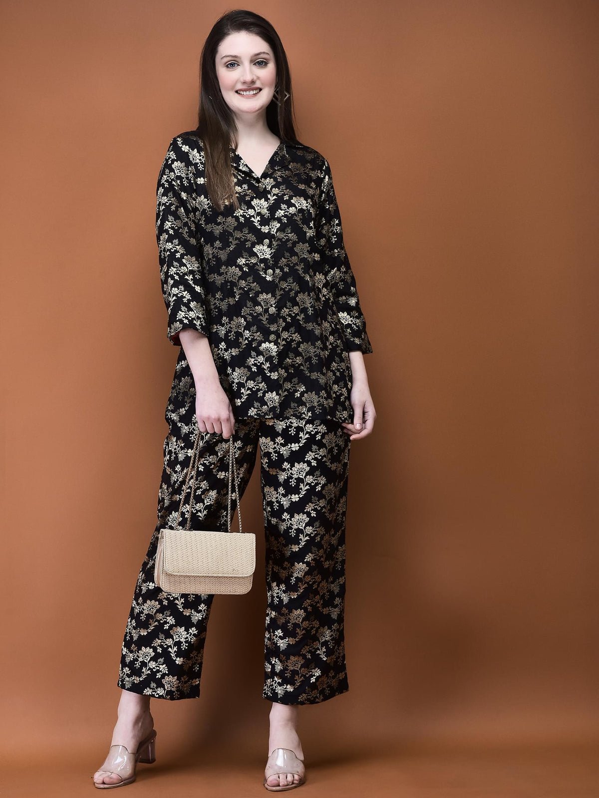 Women Jacquard Black Woven Co-Ord Set