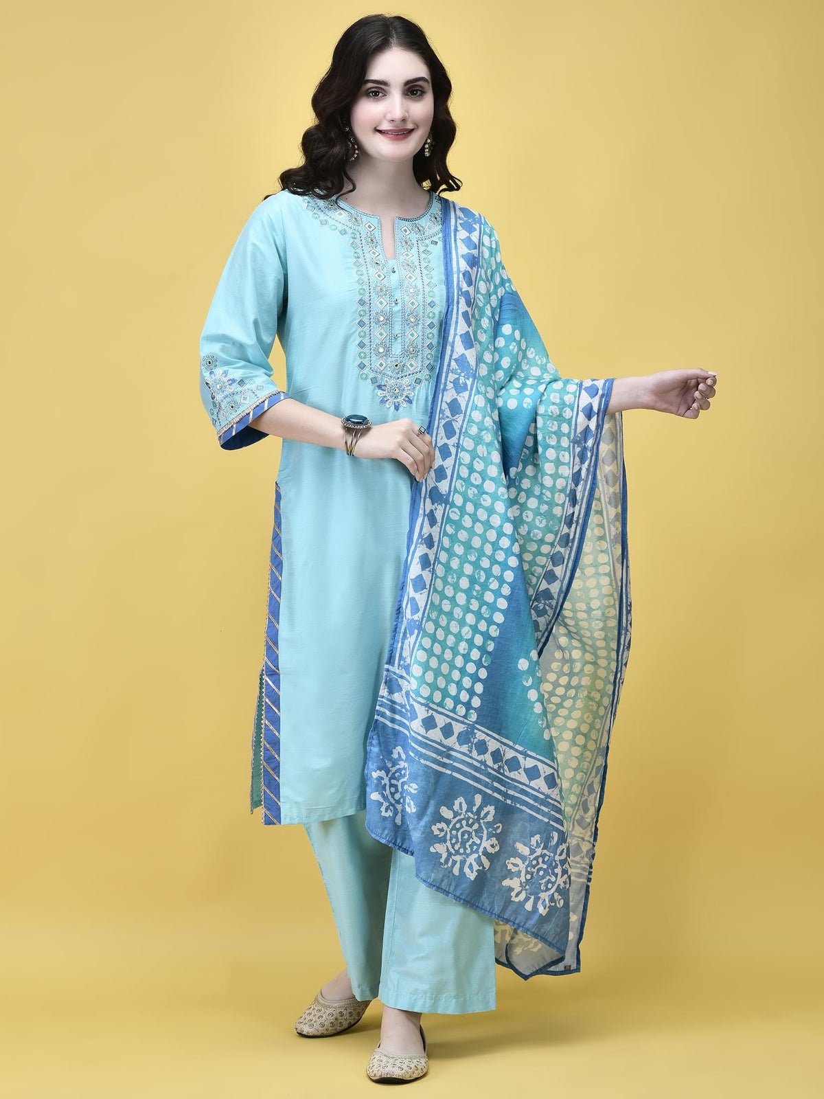 Women Silk Blend Sky Blue Embroidered Kurta Comfort Pant Chanderi Dupatta