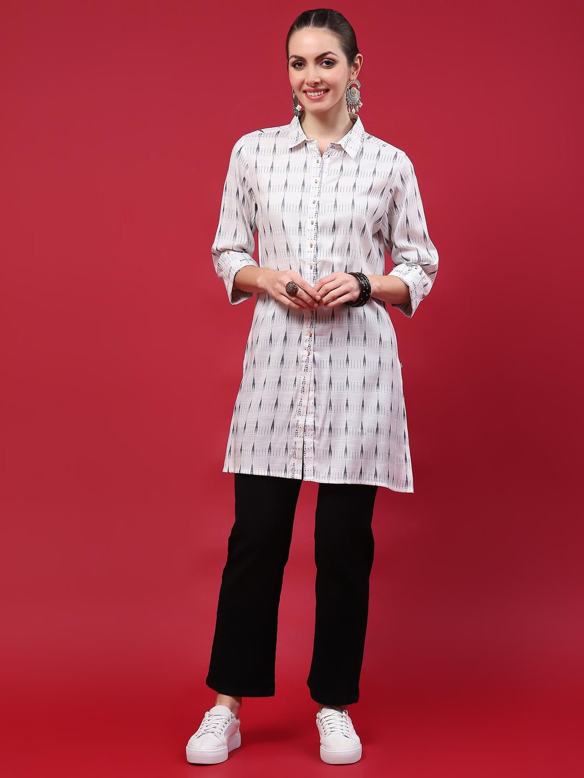 Women White Stripe Printed Kurti