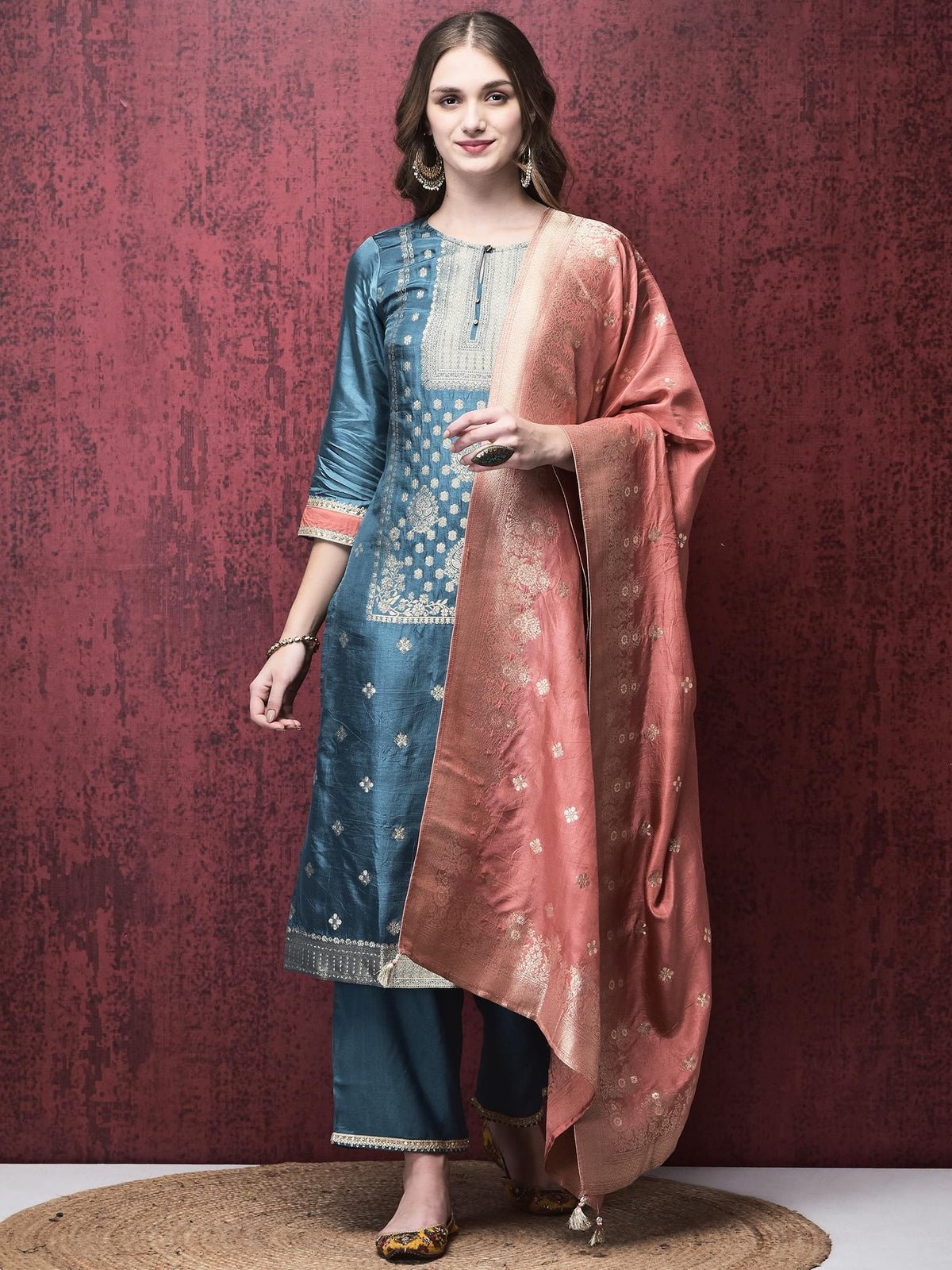 Women Dola Jacquard Blue Woven Kurta Comfort Pant Dupatta