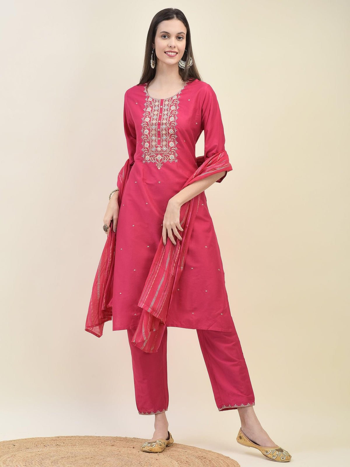 Women Silk Blend Fuchsia Embroidered Kurta Trouser Dupatta