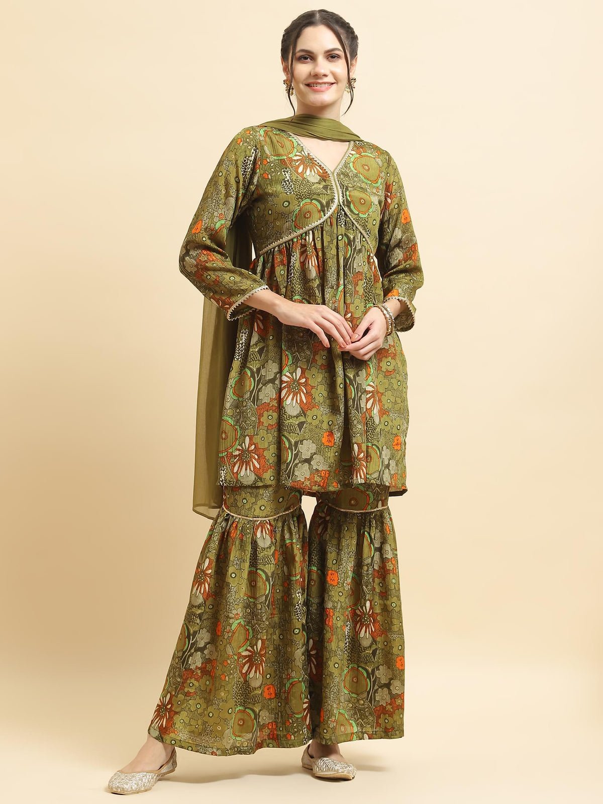 Women Chinon Olive Floral Print Kurta Sharara Dupatta