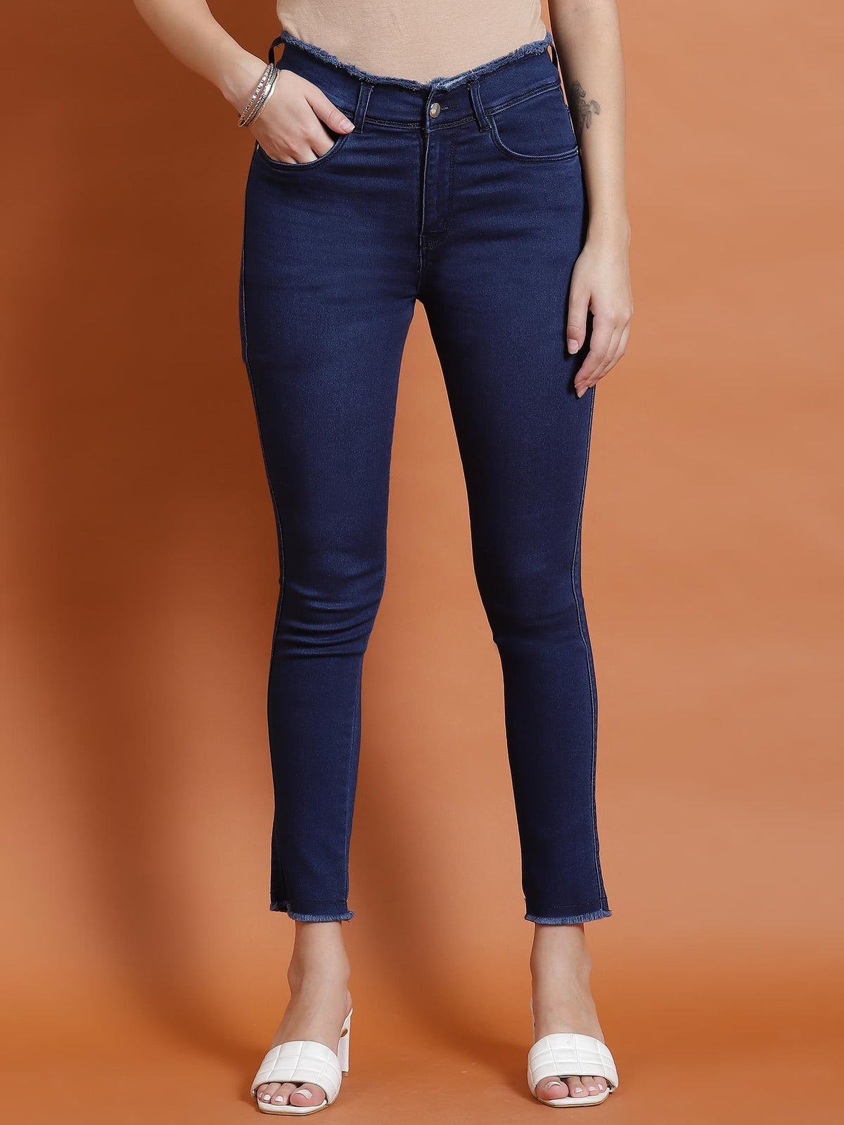 Women Blue Solid Narrow Fringe Jegging