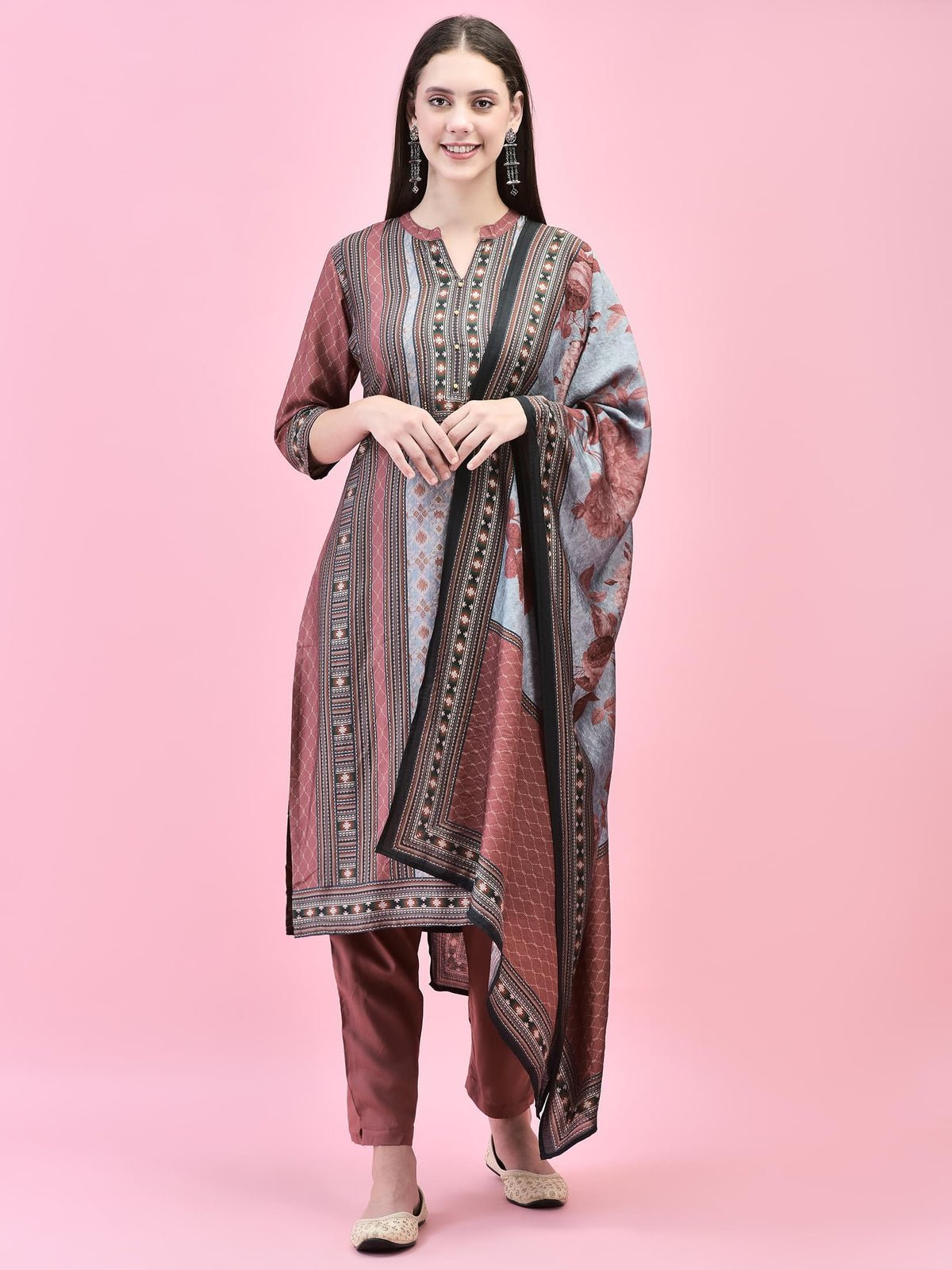 Women Liva (Rayon) Maroon Aztec Print Kurta Trouser Dupatta