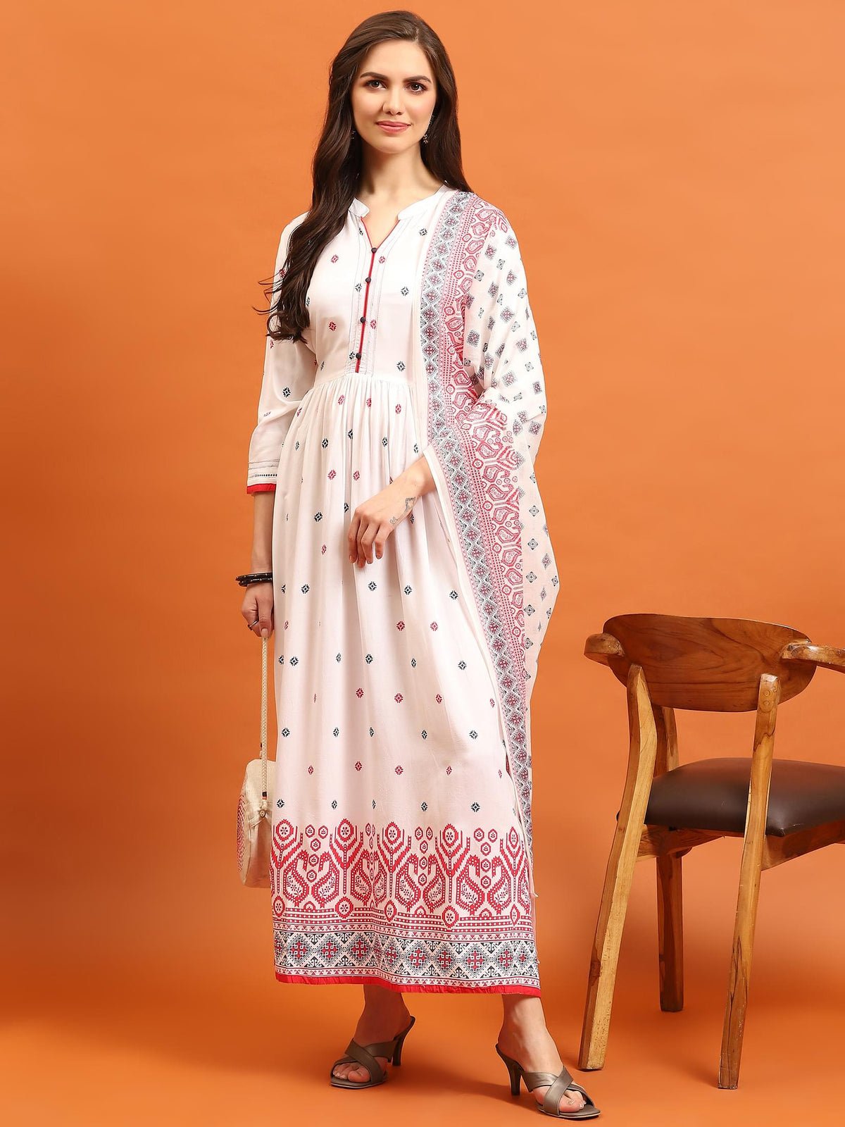 Women White Geometric Printed Dress With Dupatta