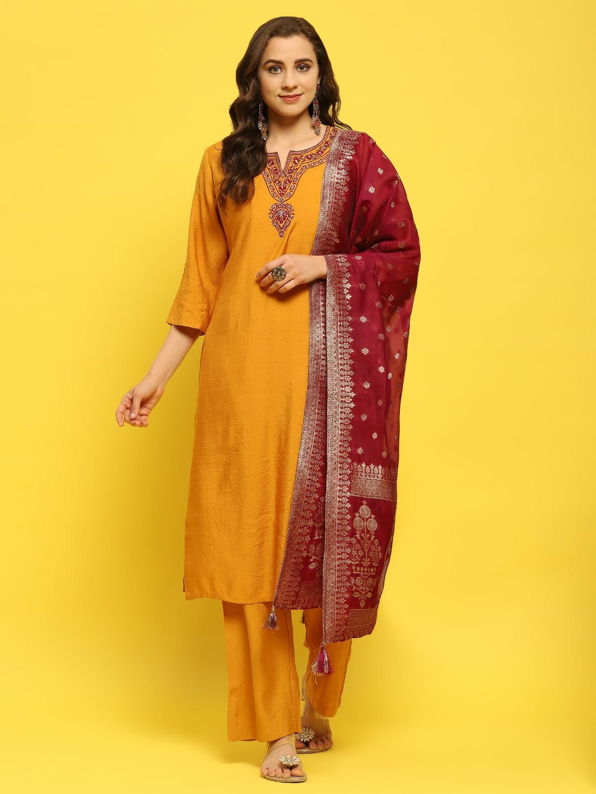 Women Poly Viscose Mustard Embroidered Kurta Comfort Pant Dupatta