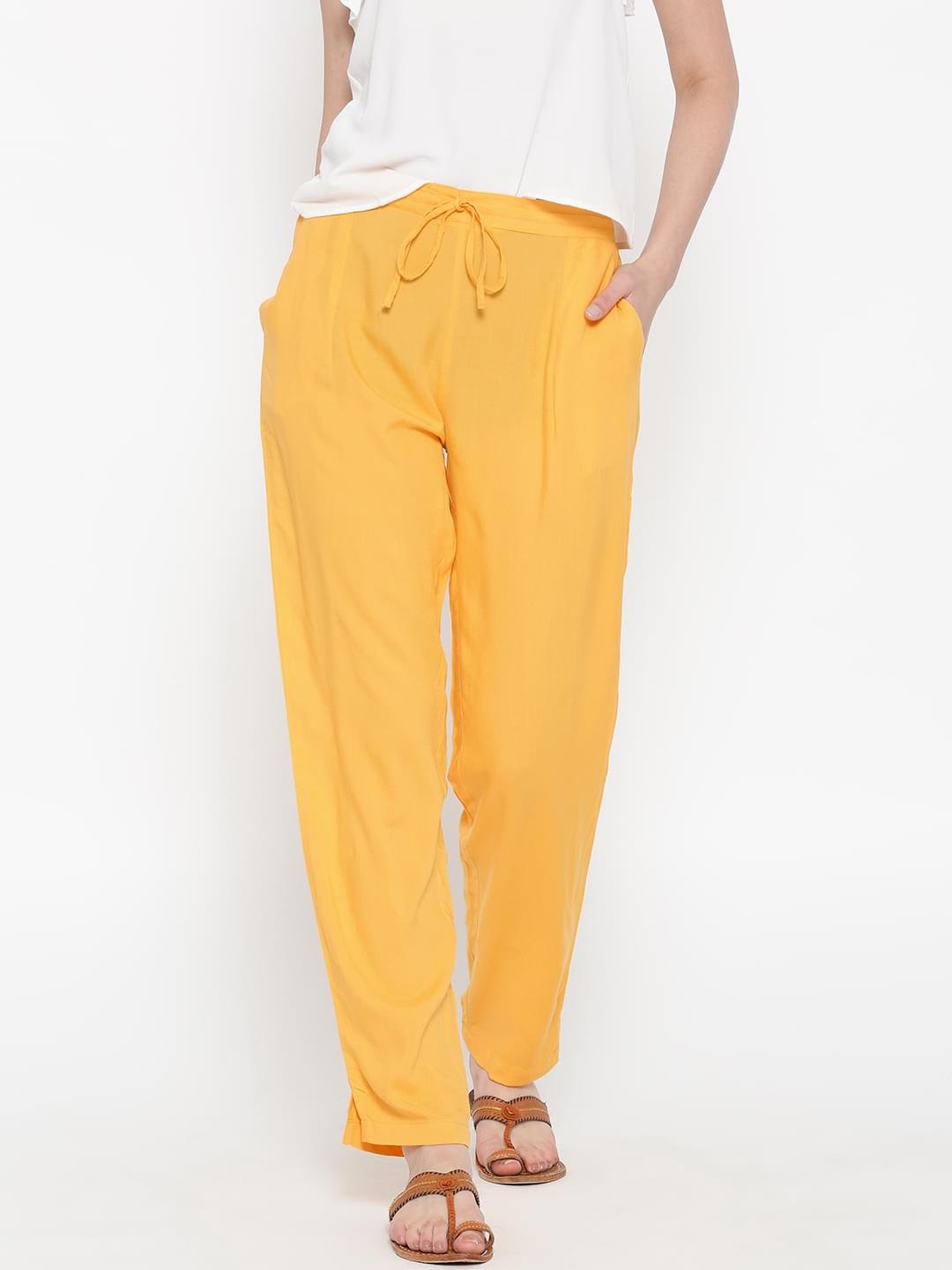 Women Yellow Rayon Solid Trouser