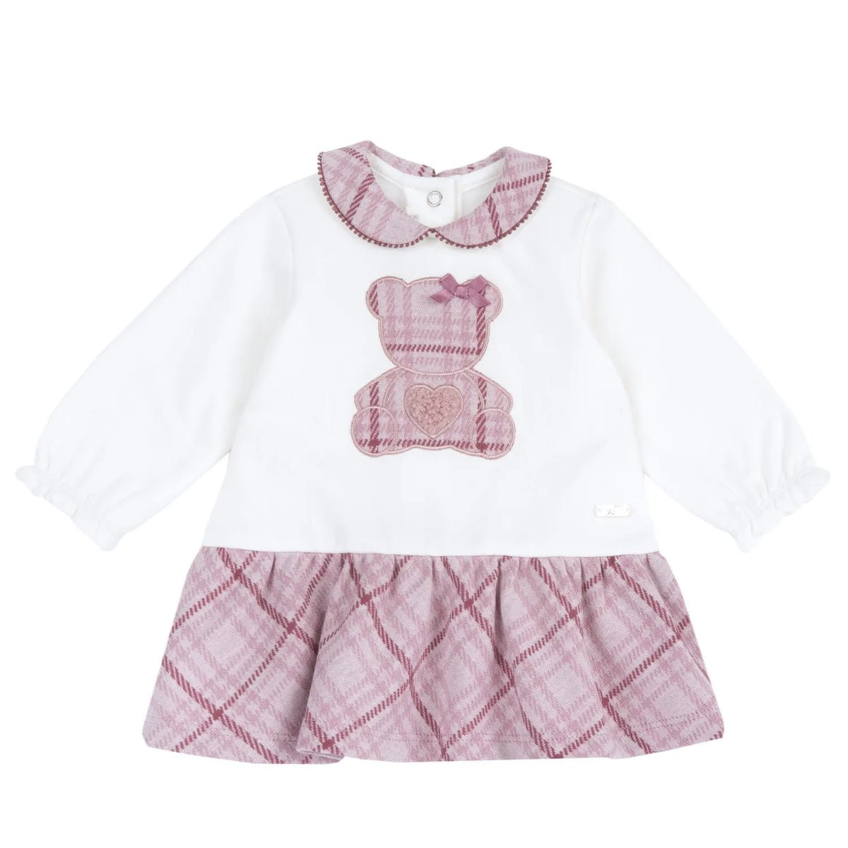 Girls White & Pink Applique Long Sleeve Dress