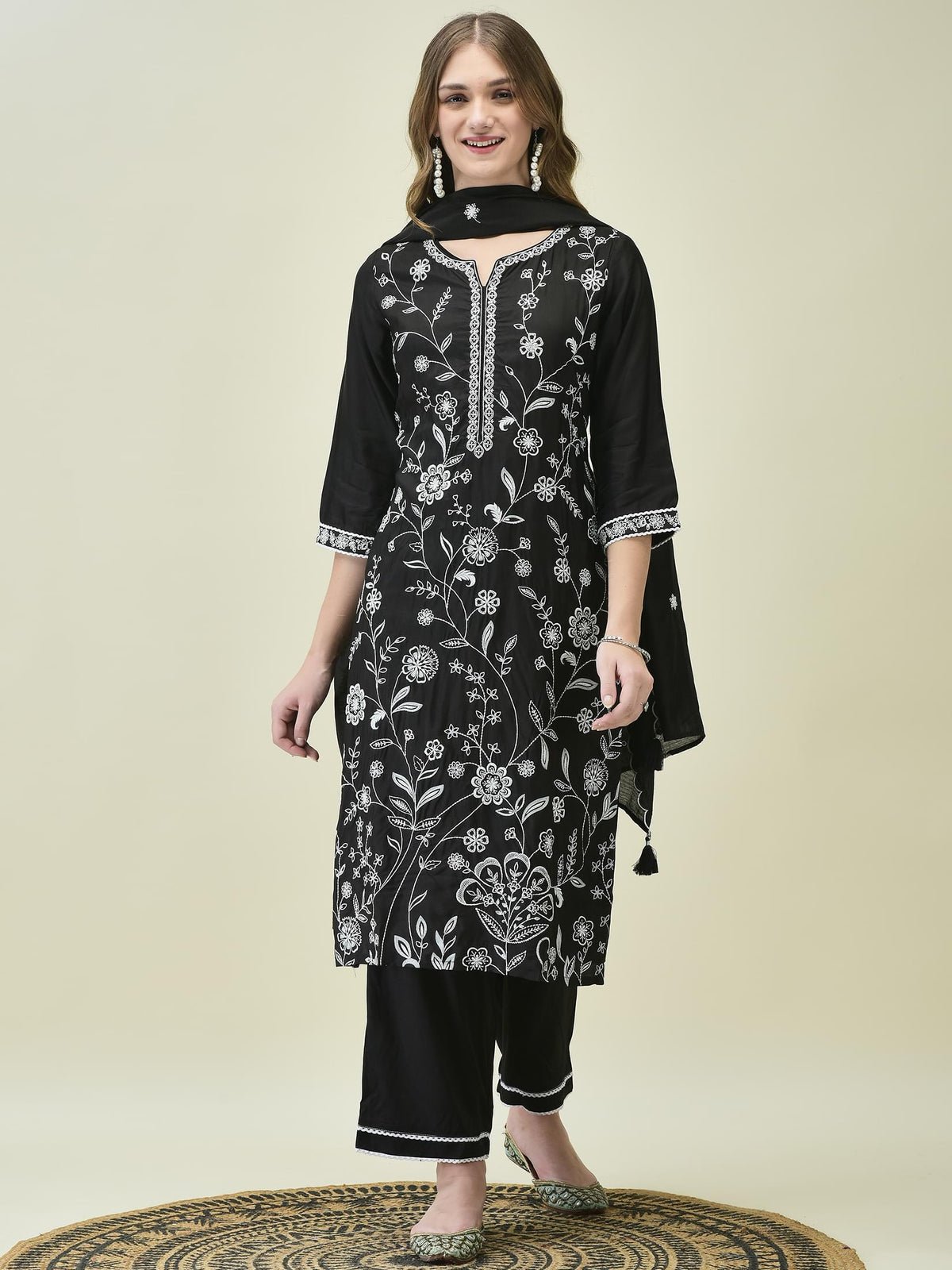 Women Poly Viscose Black Embroidered Kurta Comfort Pant Dupatta