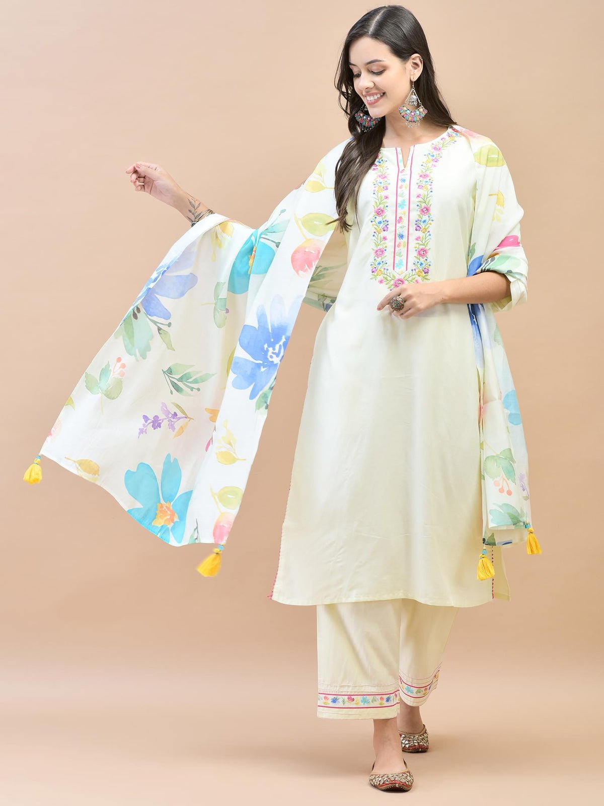 Women Liva Off White Embroidered Kurta Comfort Pant Dupatta