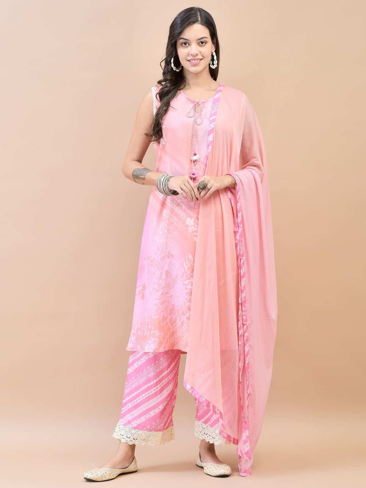 Women Liva (Rayon) Pink Floral Print Kurta Comfort Pant Dupatta