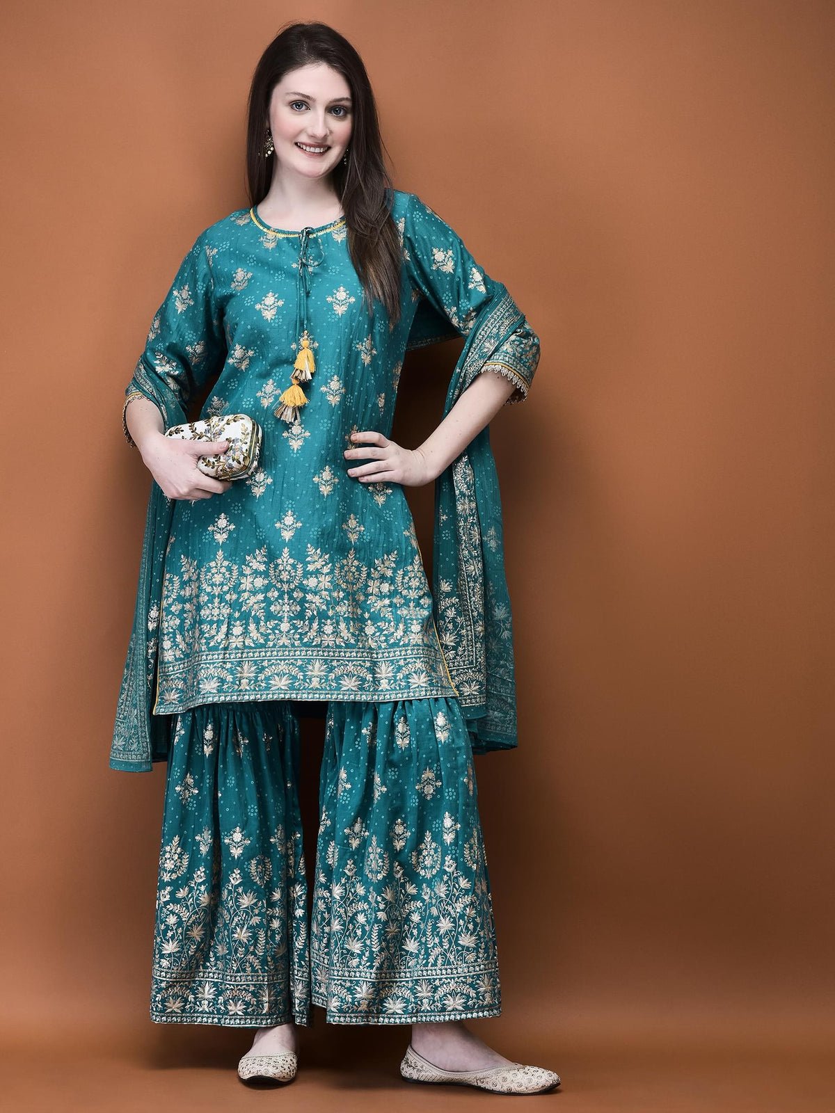 Women Liva (Viscose) Turquoise Blue Foil Print Kurta Sharara Dupatta